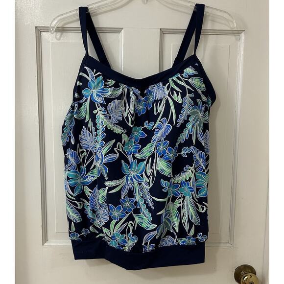 Lands' End Blouson Tummy Hiding Tankini Top Adjustable Navy Blue Floral Size 16D - Picture 1 of 4